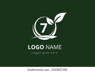 Initial 7 monogram alphabet with circle leaf and swoosh. Eco-friendly black logo concept