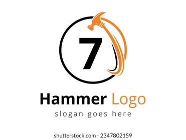 Initial 7 monogram letter alphabet with a Hammer Logo Concept For Construction, Woodworking Company Repair Symbol Vector Template.  Modern vector logo for construction business, and company identity