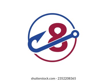 Initial 8 monogram letter alphabet with fishing Hook. Fishing logo concept vector illustration