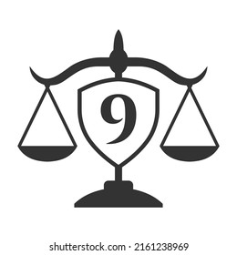 Logo inicial de 9 letras con Escudo, símbolo de corona. Logotipo legal y fiscal en plantilla de alfabeto 9 letras