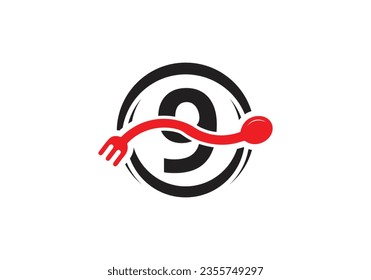 Initial 9 monogram alphabet with a fork, spoon, logo. Café Icon, Restaurant, Cooking Business Vector