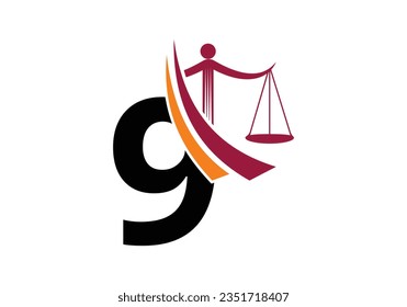 Alfabeto monograma inicial de 9 con símbolo de signo de escala de ley. Abogado Y Justicia, Abogado, Legal, Law Office, Escala, Plantilla De Logo