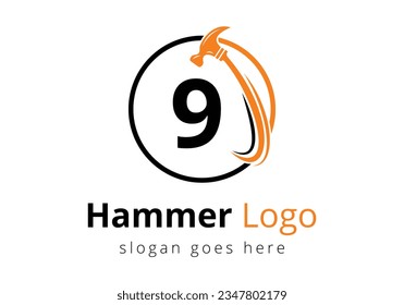 Initial 9 monogram letter alphabet with a Hammer Logo Concept For Construction, Woodworking Company Repair Symbol Vector Template.  Modern vector logo for construction business, and company identity