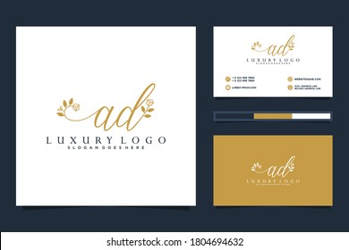 Colecciones iniciales del logotipo femenino de AD y plantilla de tarjetas de visita Premium Vector