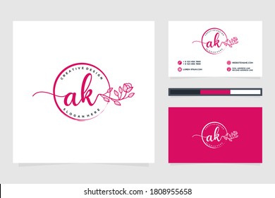 Colecciones iniciales del logotipo femenino de AK y plantilla de tarjetas de visita Premium Vector