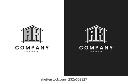 Initial AK home logo with creative house element in line art style vector design template