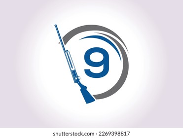 Initial alphabet 9 with gun sign. Inspiration hunting club logo vector Template. 
