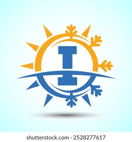 Initial alphabet I with abstract sun and snow. Air conditioner logo sign, Hot and cold symbol