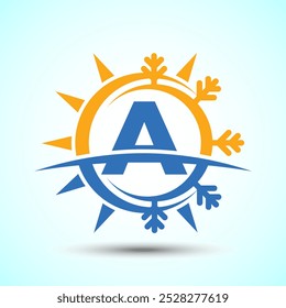 Initial alphabet A with abstract sun and snow. Air conditioner logo sign, Hot and cold symbol