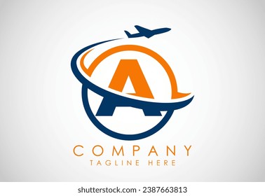 Alfabeto inicial A con avión. Iconos de viaje. Símbolo del logotipo de aviación, símbolo de vuelo. Icono de vuelo