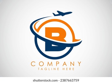 Initial alphabet B with aeroplane. Travel icons. Aviation logo sign, Flying symbol. Flight icon