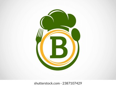 Initial alphabet B with chef hat, spoon and fork. Modern vector logo for cafe, restaurant, cooking business, and company identity
