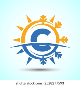 Initial alphabet C with abstract sun and snow. Air conditioner logo sign, Hot and cold symbol