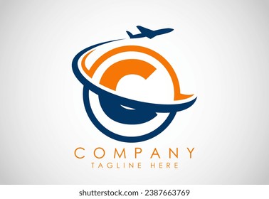 Initial alphabet C with aeroplane. Travel icons. Aviation logo sign, Flying symbol. Flight icon