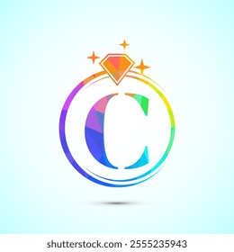 Initial alphabet C in a circle with diamond. Diamond ring logo. Jewelry logo design concept