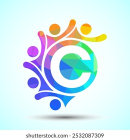 Alfabeto inicial C con personas conectadas. Equipo, símbolo del logotipo de la cooperación
