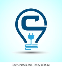 Alfabeto inicial C con una bombilla eléctrica y enchufe. Plantilla de diseño de logotipo de electricidad