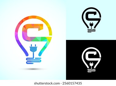 Initial alphabet C with an electric bulb and plug. Electricity logo design template low poly style