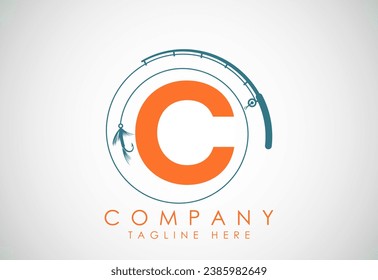Initial alphabet C with fishing rod and hook. Fishing logo concept vector illustration. 