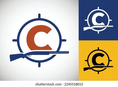 Ursprüngliches Alphabet C mit Gewehr und Zielzeichen. Logo des Inspirationsjagd-Clubs, Vektorgrafik. Jagdlogo