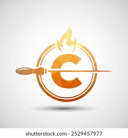 Initial alphabet C with a skewer and fire flame. Low poly Logo design for Barbecue, Seekh Kebab, etc.