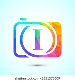 Initial alphabet I with a camera icon. Low poly style logo for photography business