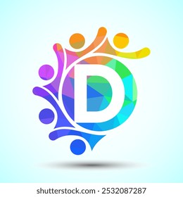 Anfangsalphabet D mit verbindenden Personen. Team, Zusammenarbeit Logo Zeichen Symbol