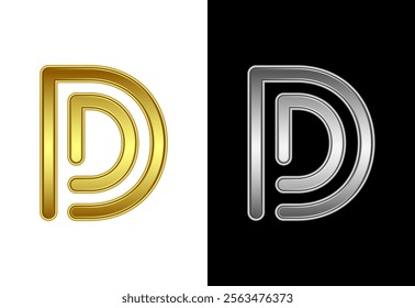 Initial alphabet D in gold and silver color. Graphic alphabet symbol for corporate business identity