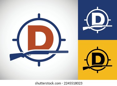 Initial alphabet D with gun and target sign. Inspiration hunting club logo vector. Hunting logo