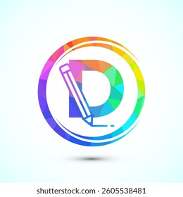 Initial alphabet D with a pencil icon. Logo for education, student or corporate identity, low poly style