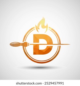 Alfabeto inicial D con un pincho y llama de fuego. Diseño de logotipo de polietileno bajo para barbacoa, kebab Seekh, etc.