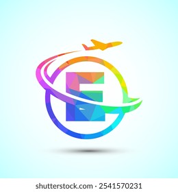Initial alphabet E with aeroplane. Travel icons. Aviation logo sign, Flying symbol. Flight icon low poly style