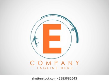 Initial alphabet E with fishing rod and hook. Fishing logo concept vector illustration. 