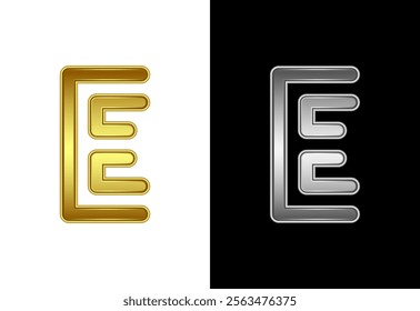 Initial alphabet E in gold and silver color. Graphic alphabet symbol for corporate business identity