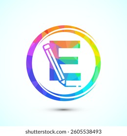 Initial alphabet E with a pencil icon. Logo for education, student or corporate identity, low poly style