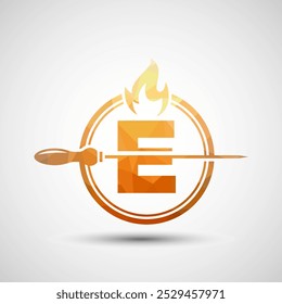 Initial alphabet E with a skewer and fire flame. Low poly Logo design for Barbecue, Seekh Kebab, etc.