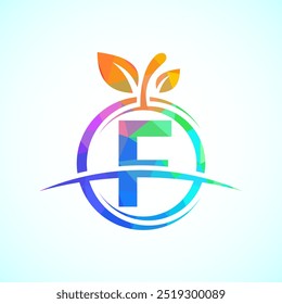 Initial alphabet F with the abstract apple logo. Healthy food logo design template