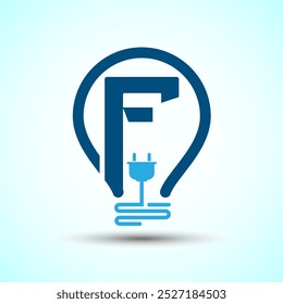 Initial alphabet F with an electric bulb and plug. Electricity logo design template