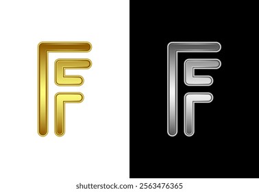 Initial alphabet F in gold and silver color. Graphic alphabet symbol for corporate business identity