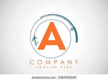 Initial alphabet A with fishing rod and hook. Fishing logo concept vector illustration. 