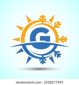 Initial alphabet G with abstract sun and snow. Air conditioner logo sign, Hot and cold symbol