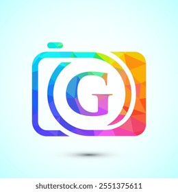 Initial alphabet G with a camera icon. Low poly style logo for photography business