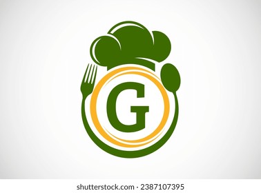 Initial alphabet G with chef hat, spoon and fork. Modern vector logo for cafe, restaurant, cooking business, and company identity