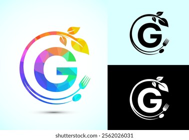 Initial alphabet G with a fork, spoon, and leaf. Healthy natural food logo concept