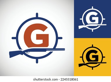 Initial alphabet G with gun and target sign. Inspiration hunting club logo vector. Hunting logo