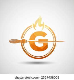 Initial alphabet G with a skewer and fire flame. Low poly Logo design for Barbecue, Seekh Kebab, etc.