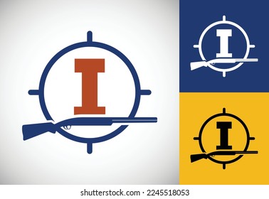 Initial alphabet I with gun and target sign. Inspiration hunting club logo vector. Hunting logo