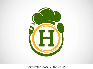 Initial alphabet H with chef hat, spoon and fork. Modern vector logo for cafe, restaurant, cooking business, and company identity