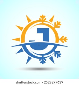Initial alphabet J with abstract sun and snow. Air conditioner logo sign, Hot and cold symbol