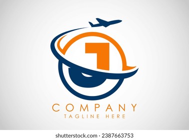 Initial alphabet J with aeroplane. Travel icons. Aviation logo sign, Flying symbol. Flight icon